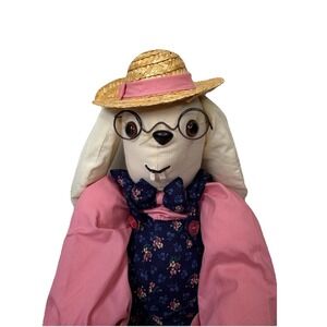 VTG 90s 29" Handmade Easter Bunny Straw Hat Jumpsuit‎ Glasses Cottagecore Easter
